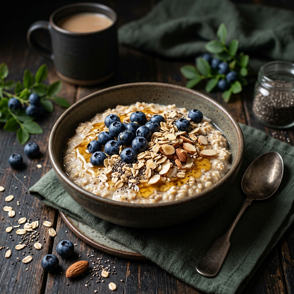 High-protein oat breakfast bowl with blueberries, almonds, chia seeds, and honey